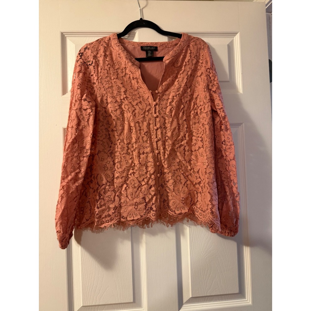 Rachel Zoe Blouse Womens Medium Coral Pink Floral Lace Button Up Long Sleeve Top